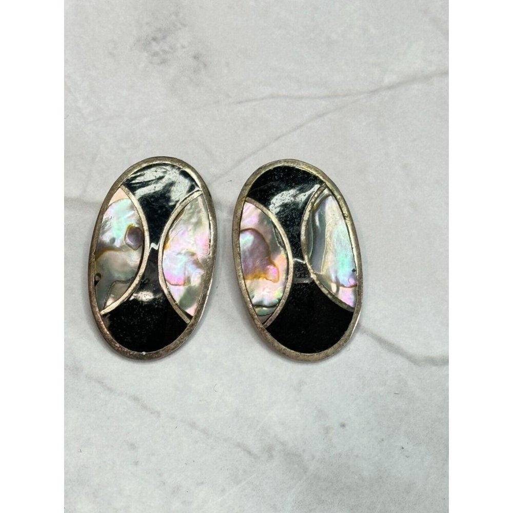 Vintage Southwestern Inlaid Abalone and Onxy Alpaca Clip On Earrings Mexico - Picture 4 of 6